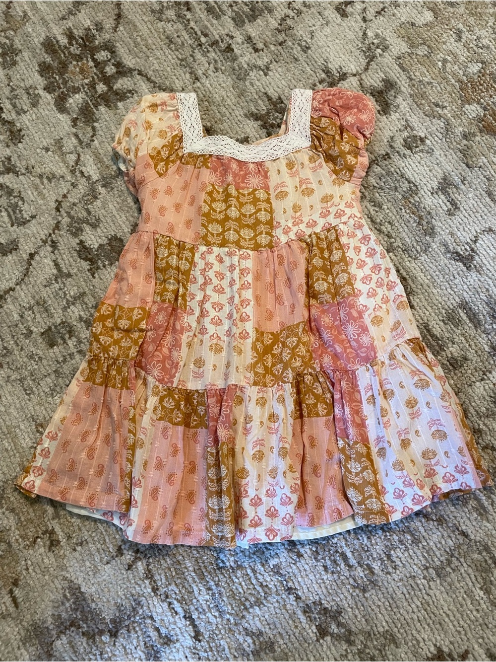 Haute Hippie Pink and Mustard Patchwork Tiered Dress with Lace Trim